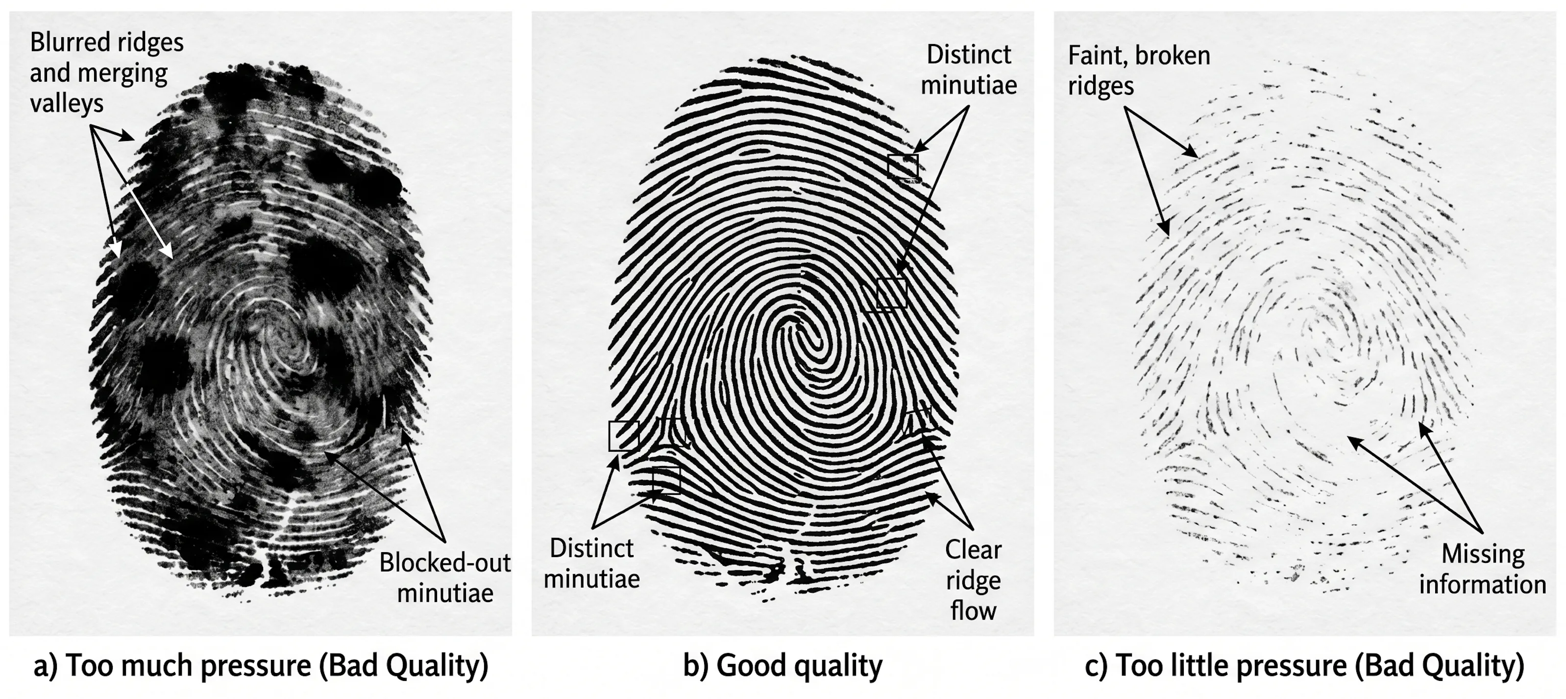 Three fingerprint impressions side by side. Left: over-inked with blurred ridges, merging valleys, and blocked-out minutiae. Center: clean ridge flow with distinct minutiae visible across the whole print. Right: under-inked with faint, broken ridges and missing ridge information.