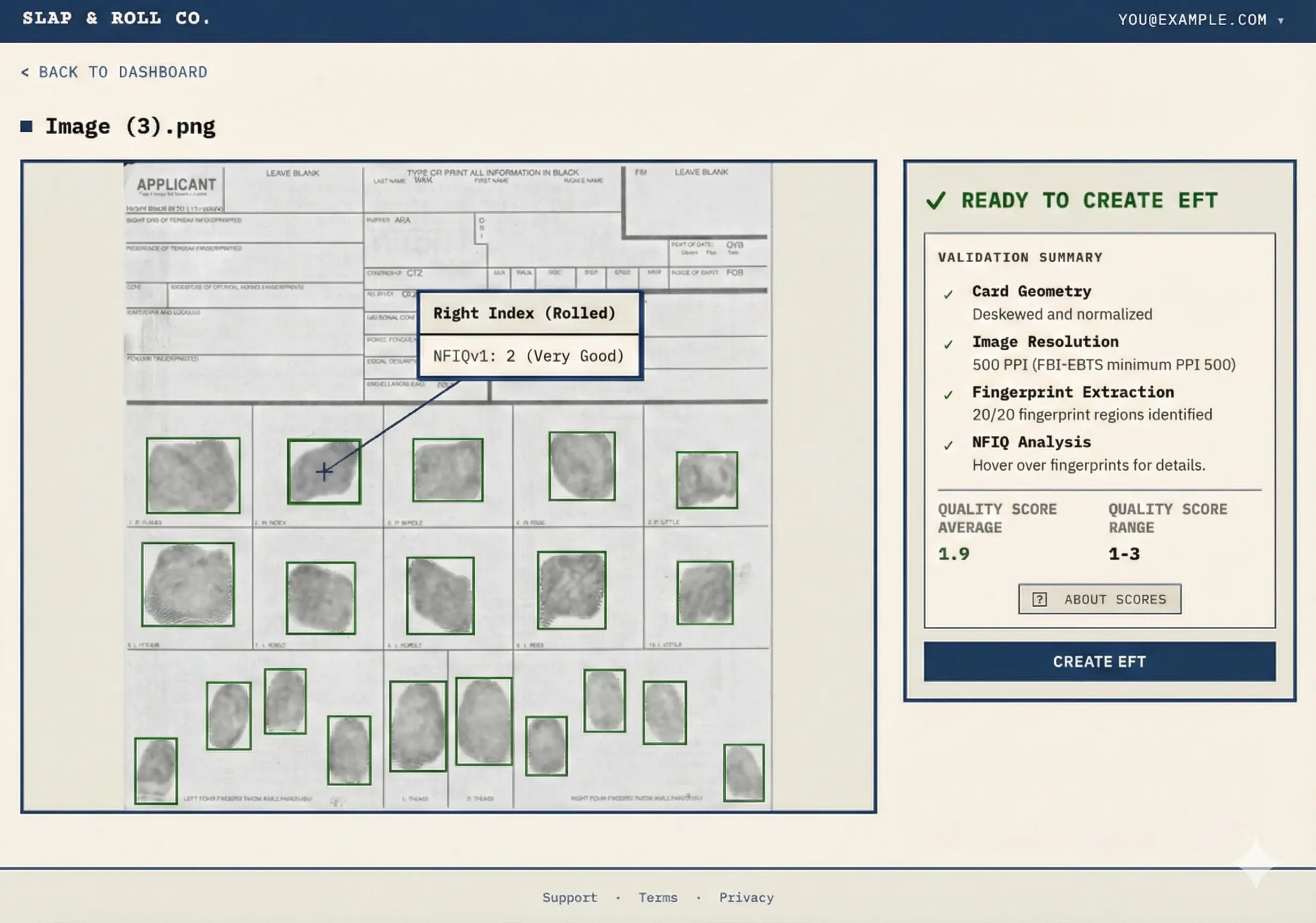 Slap & Roll Co. dashboard showing fingerprint card processing with quality scores and EFT download options