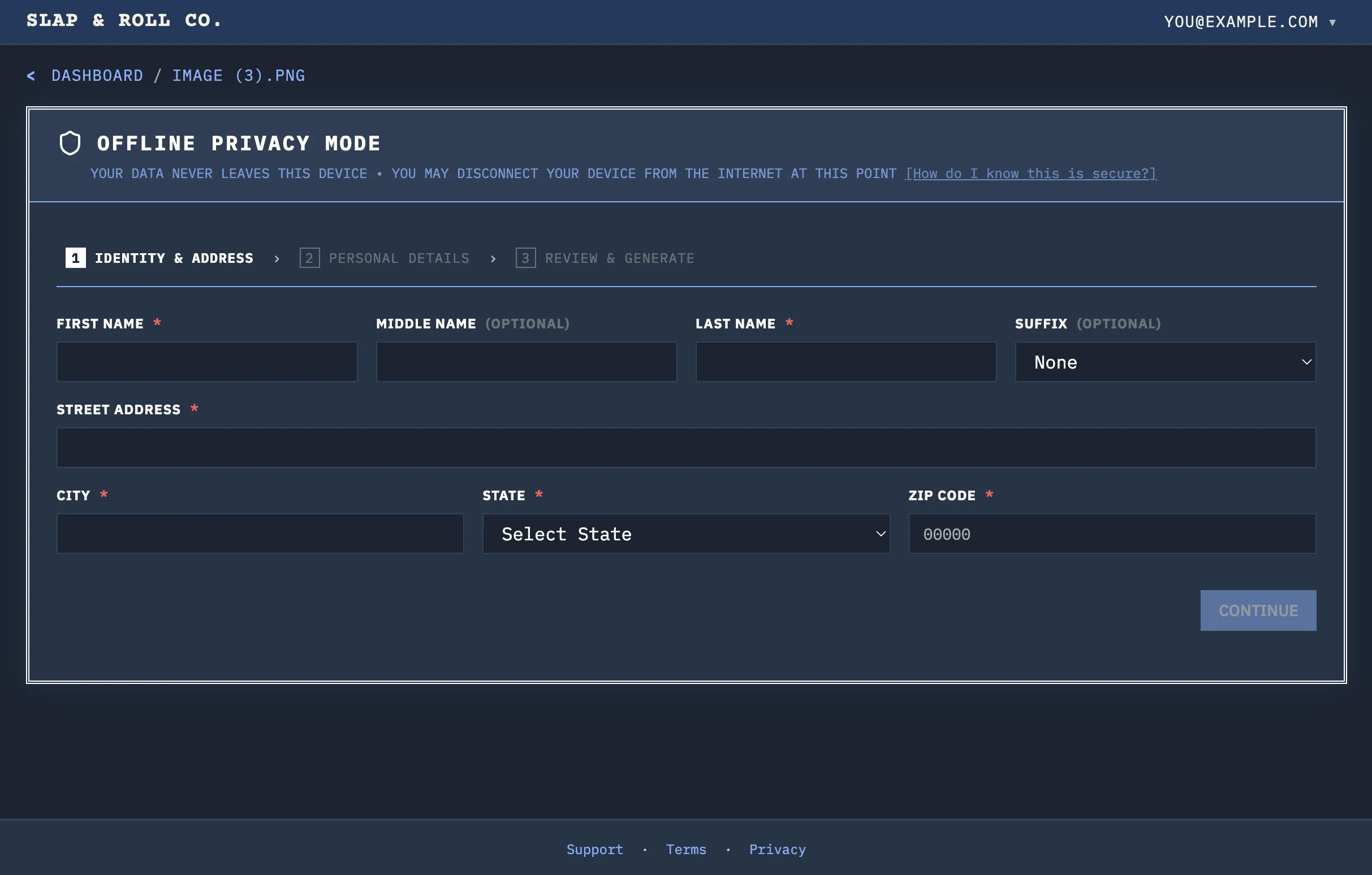 SLAP & ROLL Privacy Vault wizard, Identity step, showing fields for name, date of birth, sex, race, and place of birth.