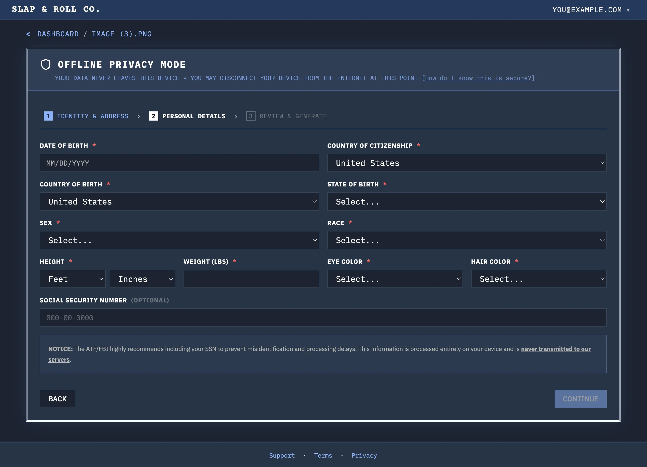 SLAP & ROLL Privacy Vault wizard, SSN step, showing a masked SSN field with a Show toggle and a help note explaining the SSN stays on the device.